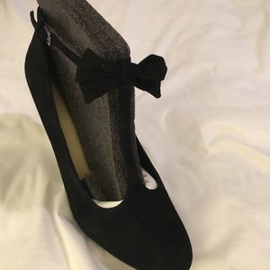 Suede T-Strap Heels with Bow Accent